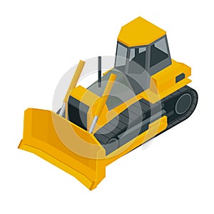 Isometric Yellow Bulldozer excavator, isolated on white background. Vector illustration bulldozer icon