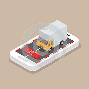 Isometric Yellow cargo truck  on the mobile phone