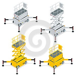 Isometric Yellow Engine Powered Scissor Lift isolated on white background. Vector illustration in a flat style. Modern