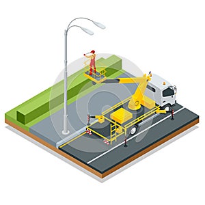 Isometric Yellow Engine Powered Scissor Lift. Worker with the help of an automobile tower change repairing a street pole