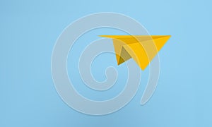 Isometric yellow paper airplane flying on blue background