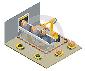 Isometric yellow robotic arm carry cardboard box in warehouse. Automated warehouse. Autonomous robot transportation in