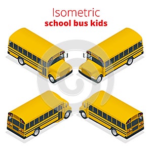 Isometric Yellow School Bus Kids vector illustration isolated on white background.