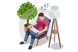 Isometric young man fell asleep reading a book. A man is sleeping and holding a book. Fatigue, rest, relaxation