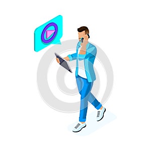 Isometric young man watches video and communicates