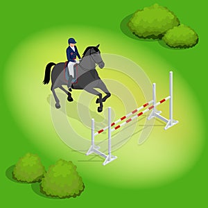 Isometric young rider girl performing jump at horse show jumping competition. Equestrian sport background. Vector