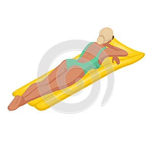 Isometric young woman on air mattress in the big swimming pool. Summer holiday idyllic. Enjoying suntan. Vacation