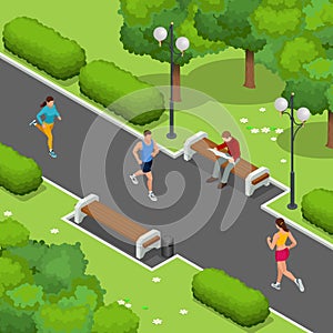 Isometric young woman and man runners running on a city park. Sportive people training in an urban area, healthy