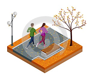 Isometric young woman and man runners running on a city park. Sportive people training in an urban area, healthy