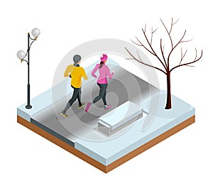 Isometric young woman and man runners running on a city park. Sportive people training in an urban area, healthy