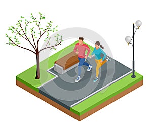 Isometric young woman and man runners running on a city park. Sportive people training in an urban area, healthy