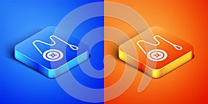 Isometric Yoyo toy icon isolated on blue and orange background. Square button. Vector