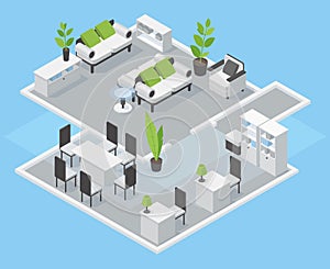 Isometric zoned interior, office or co-working space. Modern comfortable office interior vector 3d illustration. Cozy