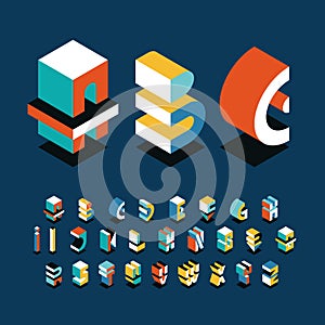 Isometrical english alphabet, bright shapes` graphical decorative type