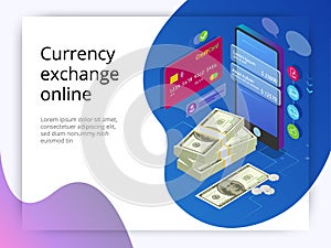 Isometriccurrency exchange online. Online Money Transfer Interface Concept. Modern technology and online transaction.