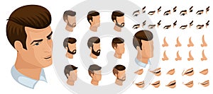 Isometrics create your emotions to a brutal man, handsome. Sets of 3D hairstyles, faces, eyes, lips, nose, facial expression