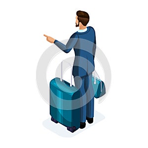 Isometrics A handsome young man on a business trip, standing with his luggage, rear view. Traveling businessman