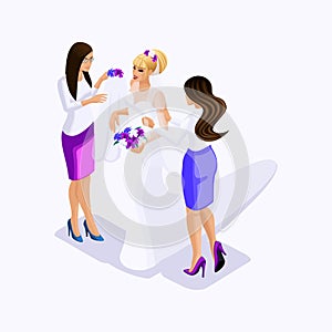 Isometrics sellers help the bride to dress for fitting wedding dress, wedding clothes, vector illustration