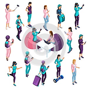 Isometrics set of vector characters in different poses, 3d teenagers, modern girls, do different action