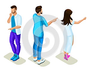 Isometrics young people, generation Z, rear view and front view, hand gesture show, point, guide photo