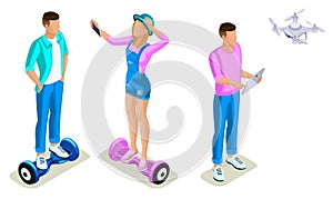 Isometrics young people, generation Z, teenagers using hoverboard. The gyroscope based dual wheel electric scooter, smart balance photo