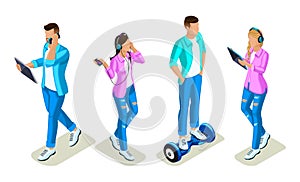 Isometrics young people, teenagers, generation Z, communication in social networks, the use of gadgets, gyroscope based dual wheel