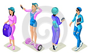 Isometrics young people, teenagers, generation Z, communication in social networks, the use of gadgets, gyroscope based dual wheel