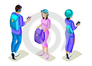 Isometrics young people, teenagers, stylish clothes and backpacks, generation Z, use of gadgets, phone, smartphone, social