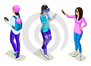 Isometrics young people, teenagers, stylish clothes and backpacks, generation Z, use of gadgets, phone, smartphone, virtual games