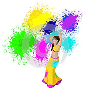 Isometry of a beautiful indian girl dancing on a holiday holi. Spring Festival, a festival of colors. Bright saris