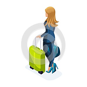 Isometry of a beautiful woman on a business trip, comes with her luggage, rear view. Stylish business suit Traveling business lady