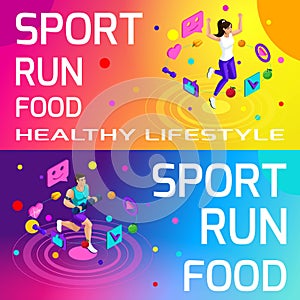 Isometry bright colorful banners on the theme of sport, healthy eating,