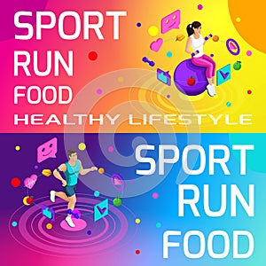 Isometry bright colorful banners on the theme of sport, healthy eating, healthy lifestyle. Running, sport, body