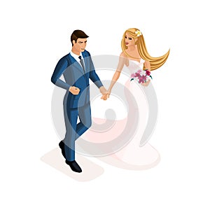 Isometry of a man and a woman at a marriage, the bride and groom in a gently pink wedding dress. Man in suit, girl with flowers