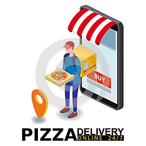 Isometry Pizza delivery courier man with package fast food pizza. Online service order, smartphone tracking. Vector