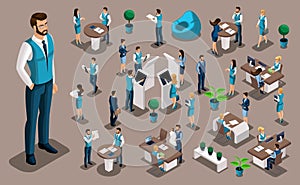 Isometry set 2, bank icons with bank employees, men bank employee, customer service manager. Financial structure, banking business