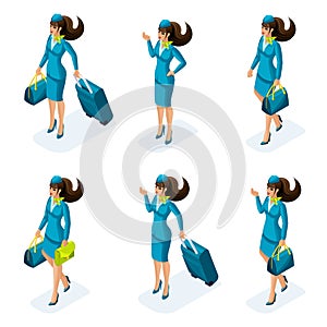 Isometry a set of girls of the stewardesses, beautiful clothes, suitcases for air travel. Travel, work, international airlines