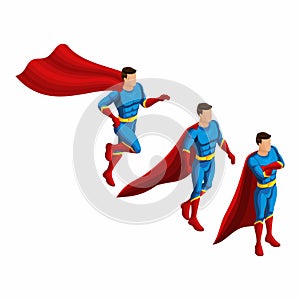 Isometry set of motion superheroes, 3D set of supermen in a suit with a raincoat. Runs, hurries, waits