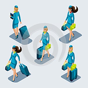 Isometry set of stewardess girls in beautiful strict suits, uniforms, suitcases, gods, bags, front view and rear view. Airport