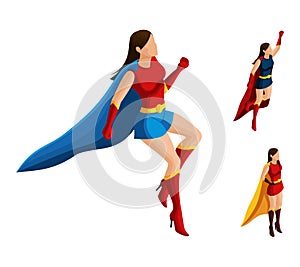 Isometry A set of superhero girls in different suits, fly, cloak develop, 3D woman, heroes, rescuers. Vector illustration