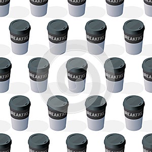 Isometry vector icon of hot coffee paper cup from cafe seamless pattern