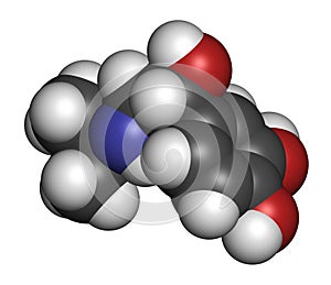 Isoprenaline (isoproterenol) drug molecule. Used in treatment of bradycardia, heart block and asthma. 3D rendering. Atoms are photo