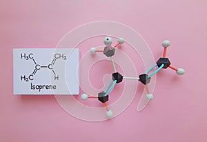 Isoprene molecule. Molecular structure model and structural chemical formula of isoprene.
