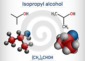 Isopropyl alcohol, 2-propanol, isopropanol, C3H8O molecule. It is isomer of propyl alcohol, used as antiseptic in disinfectants,