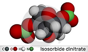 Isosorbide dinitrate, ISDN molecule. It is vasodilator used to treat angina in coronary artery disease. Molecular model. 3D