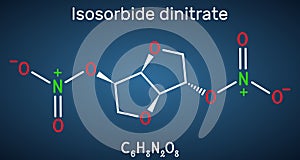 Isosorbide dinitrate, ISDN molecule. It is vasodilator used to treat angina in coronary artery disease. Skeletal chemical formula