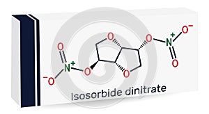 Isosorbide dinitrate, ISDN molecule. It is vasodilator used to treat angina in coronary artery disease. Skeletal chemical formula