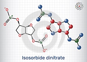 Isosorbide dinitrate, ISDN molecule. It is vasodilator used to treat angina in coronary artery disease. Structural chemical