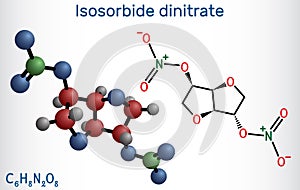Isosorbide dinitrate, ISDN molecule. It is vasodilator used to treat angina in coronary artery disease. Structural chemical photo
