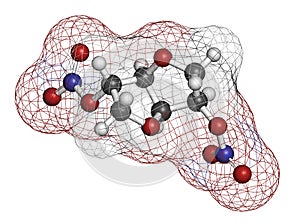 Isosorbide dinitrate ISDN vasodilator drug molecule. Used in treatment of heart related chest pain.